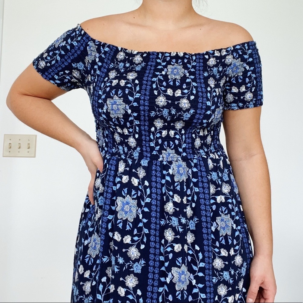 Blue Floral Pattern Mid-Length Off Shoulder Dress